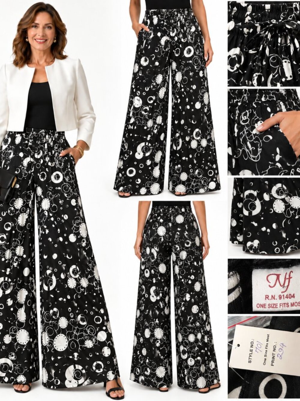 NF Black White Abstract Palazzo Pants One Size Wide Leg Boho Artsy Statement